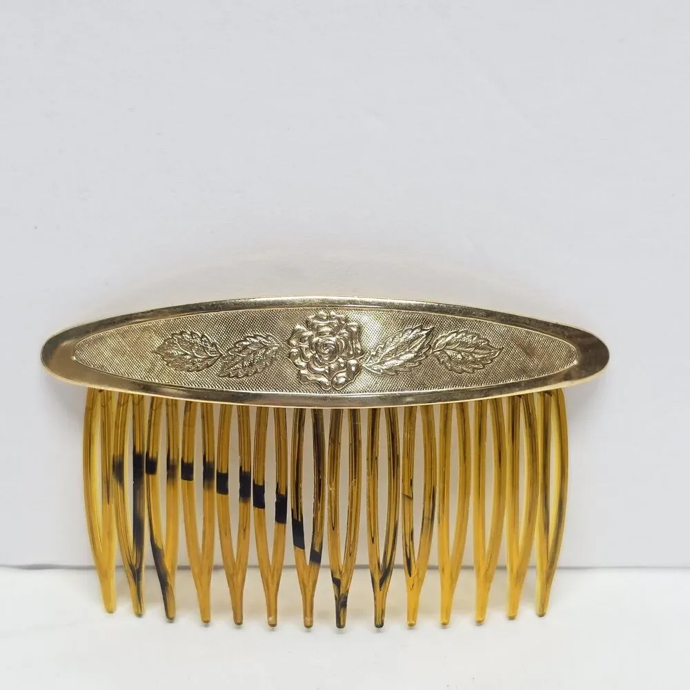 Vintage Art Deco Hair Comb Side Pick Floral Metal Accent USA 60s Boho Hippie